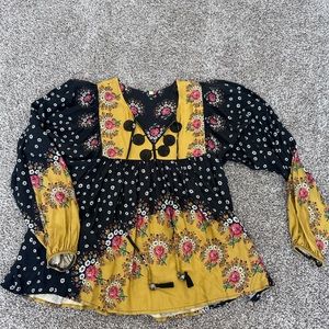 Farm Rio- Blousy V-Neck. Size XS Yellow and Black Floral